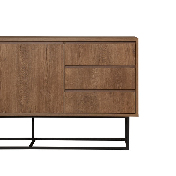 Hanah Home Consola Moderna-Industrial Nogal y Negro, Mueble con 3 Cajones y Estantes, Tablero Melamina 18mm, Patas Metálicas, Ancho 140cm Alto 72cm Fondo 36cm